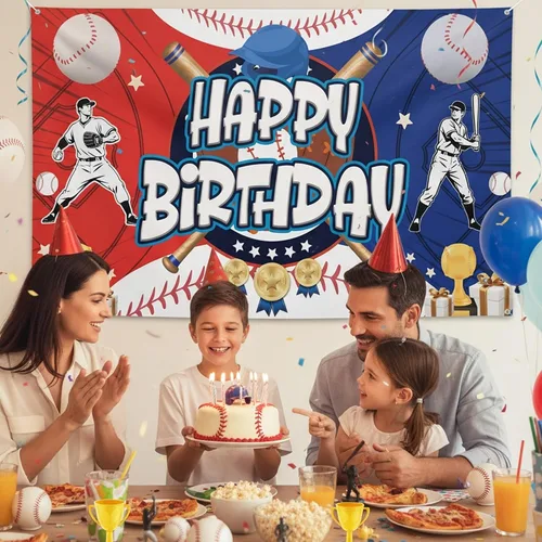 Vista 6 de Telón de fondo de cartel de feliz cumpleaños de béisbol, decoraciones de fiesta de béisbol, fondo de fotos de vinilo, suministros de fiesta