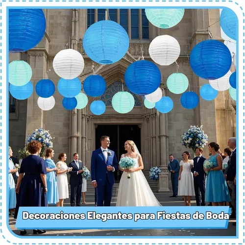 Vista 6 de Faroles de papel azules, 12 piezas de 6 a 12 pulgadas redondas para colgar decoraciones de fiesta