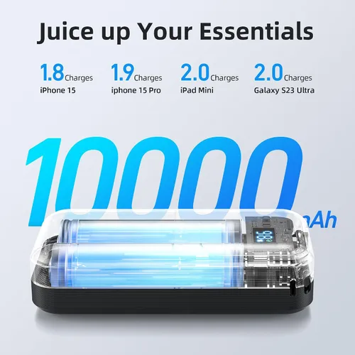 Vista 4 de MOKiN Cargador Portátil, 10000mAh 30W Power Bank Carga Rápida, Paquete de Batería para Teléfono con Cable Incorporado, 4 Salidas, Powerbank Compacto
