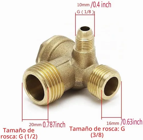 Vista 3 de Compresor de aire roscado macho de latón de 3 puertos Válvula de retención Accesorios de compresor de aire neumático central, G1/8x G3/8x G1/2
