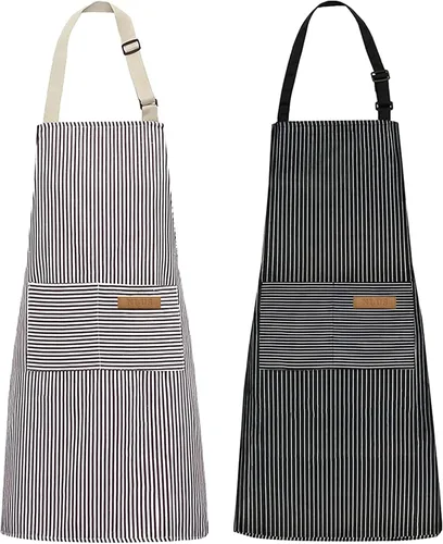 Vista 24 de NLUS Paquete de 2 delantales de cocina ajustables con babero, delantal de chef suave con 2 bolsillos para hombres y mujeres (rayas negras)