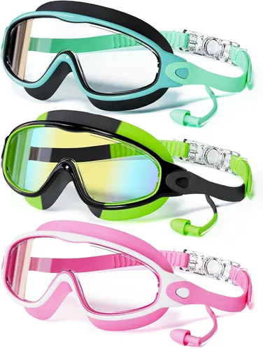Vista 12 de Paquete de 3 gafas de natación para niños, con tapones para los oídos, marco grande, antivaho, UV, visión amplia, para niños y niñas de 4 a 12 años