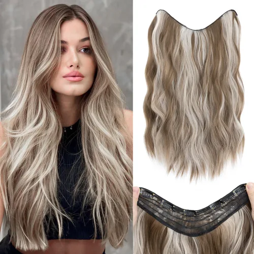 Vista 21 de S-noilite Extensiones de cabello de una pieza con clip, color rubio balayage de 18 pulgadas, en forma de U, extensiones de cabello de trama de una