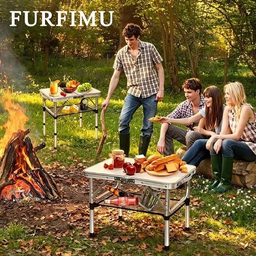 Vista 2 de Mesa plegable pequeña con red de almacenamiento, mesa de campamento plegable portátil de 24 x 16 pulgadas con 3 alturas ajustables, mesa de metal