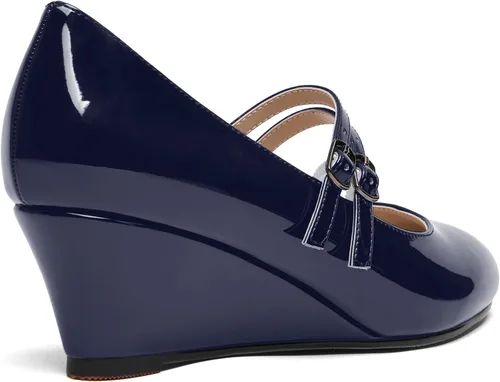Vista 5 de Zapatos de tacón bajo con hebilla de punta redonda para mujer, con correa ajustable y correa ajustable, 2 pulgadas