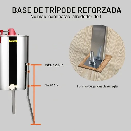 Vista 5 de VEVOR Extractor de Miel de 3 Marcos, Extracción Manual de Apicultura de Acero Inoxidable, Centrifugador de Tambor de Panal con Tapa Transparente