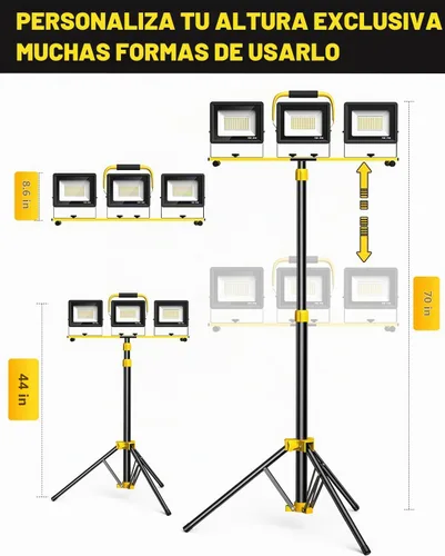 Vista 2 de Luces de trabajo LED mejoradas con soporte, 21000 lúmenes, luz de trabajo ajustable de 3 cabezales, trípode plegable impermeable, cable extendido