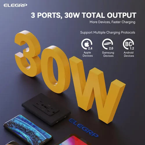 Vista 3 de ELEGRP Tomacorrientes USB, 30 W 6.0 Amp USB C, toma de pared USB de 3 puertos, toma de corriente resistente a manipulaciones de 15 amperios con 2