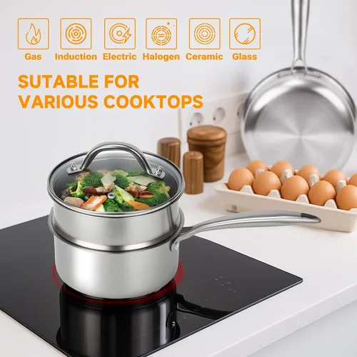 Vista 4 de Ohtomber Cacerola de Acero Inoxidable - Vaporera Tri-Ply de 1.5 Cuartos para Cocinar, Olla Pequeña de Cocción con Canasta Vaporera, Cacerola