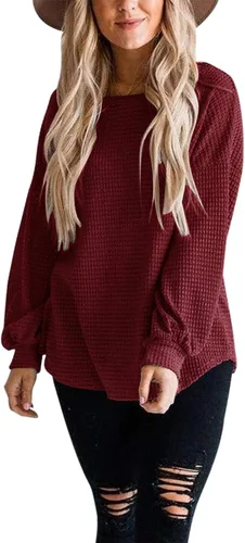 Vista 3 de Merokeety Suéter para mujer con mangas largas globo tejido de punto gofre holgado cuello redondo sin botones