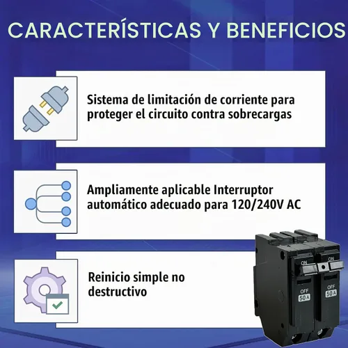 Vista 5 de Interruptor de circuito THQL2150, Compatible con General Electric, Reemplazo para interruptor THQL 2p 50A, 2 polos 50 amperios 120/240V 10kA