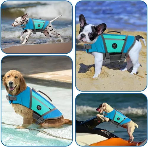 Vista 6 de EMUST Chaleco salvavidas para perro, chaqueta ligera con bolsillos, elegante preservador con asa de rescate y rayas reflectantes para nadar