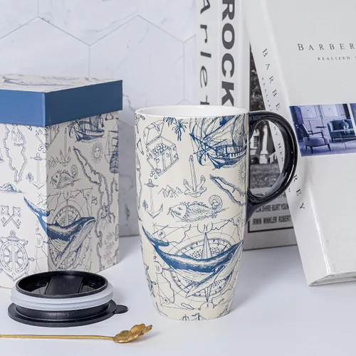 Vista 9 de Topadorn Taza de Café de Cerámica Taza de Viaje Regalo con Tapa de 17 onzas, Taza de Té Alta de Porcelana con Asa para el Hogar y la Oficina, Taza