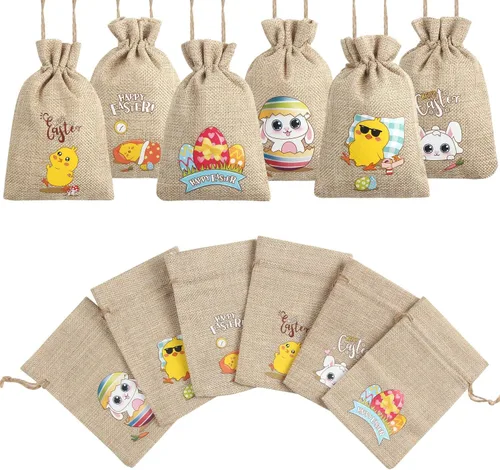 Vista 2 de LOKIPA 24 bolsas de arpillera de Pascua, bolsas de arpillera de yute de Pascua, bolsas pequeñas con cordones para recuerdos de fiesta de Pascua