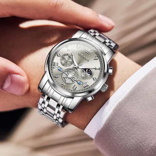 Vista 2 de OLEVS Relojes para hombre de acero inoxidable con cronógrafo, reloj de pulsera grande analógico de cuarzo, relojes de vestir impermeables de moda
