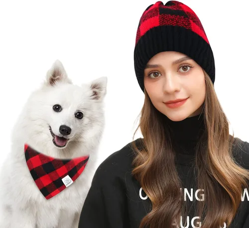 Vista 15 de E-Clover Bandanas navideñas para perros, bufanda a juego para el propietario, bufanda a cuadros para perro, baberos con bufandas de tartán, chal