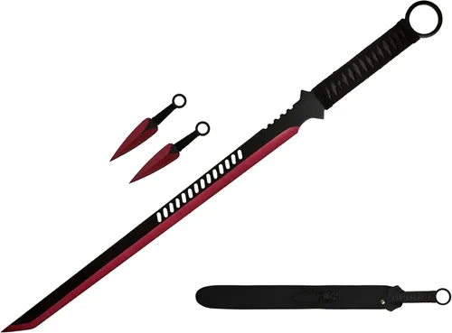 Vista 2 de Wartech K1020-65-BL 440 espada machete de ninja de acero inoxidable con cuchillos para lanzar (2 piezas), 27 pulgadas, azul