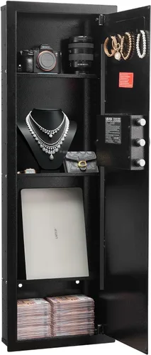 Vista 11 de VEVOR Caja fuerte de pared oculta de 3 niveles con huella digital, contraseña, llave y perilla giratoria, Q235 caja de pared de acero laminado