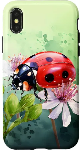 Vista 5 de Funda para iPhone 16 con diseño de mariquita en flores, color verde
