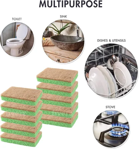 Vista 4 de SCRUBIT Esponjas naturales – Paquete de 10 esponjas naturales biodegradables compostables de celulosa y coco para platos, esponja de cocina