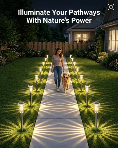 Vista 7 de DERAYSION Luces solares para exteriores, paquete de 8 luces impermeables para caminos de jardín, iluminación con poste de acero inoxidable