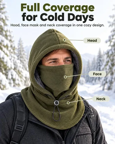 Vista 2 de 3-in-1 Winter Hat, Flannel Balaclava Face Mask with Neck Cover Green