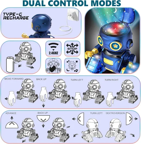 Vista 6 de Aikmi Robot Toys para niños de 4 a 12 años, robot RC con proyector de luz nocturna, gesto