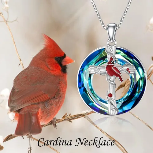 Vista 2 de POPKIMI Collar con colgante de cardenal rojo, plata de ley S925, joyería cardenal de cristal de pájaro rojo conmemorativo de árbol cardenal rojo