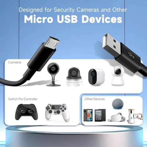 Vista 4 de Cable micro USB 3M de 10 pies, carga y transferencia de datos, cable de alimentación micro USB para cámara Wyze Cam YI Nest Cam Blink Netvue Kasa