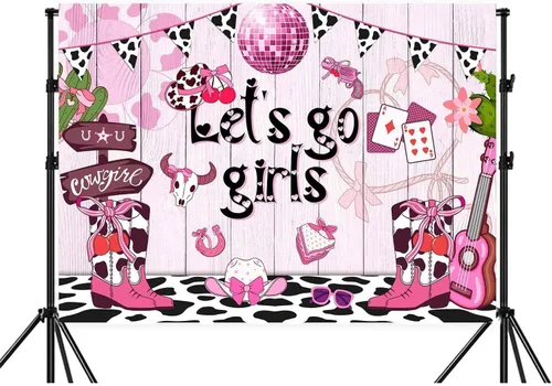 Vista 6 de Fondo de vaquera rosa de 5 x 3 pies con estampado de vaca disco occidental para niñas, cumpleaños, despedida de soltera, adolescente, decoración