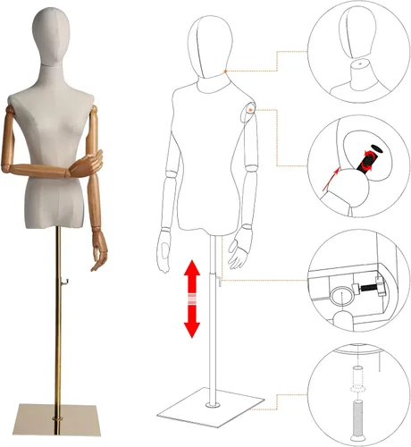 Vista 5 de Bonnlo Forma de vestido femenino con cabeza y brazos de madera posables, cuerpo de torse de maniquí con base de metal altura ajustable