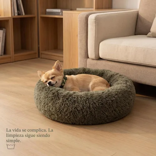 Vista 7 de Cama para perros pequeños, cama calmante para perros pequeños, antiansiedad, cama para cachorros, lavable a máquina, esponjosa, de lujo Verde militar