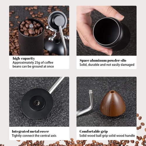 Vista 3 de Molinillo de café manual con capacidad de 0.88 oz, rebabas de acero inoxidable, mango de madera, molinillo de café para rebabas para el hogar, Negro