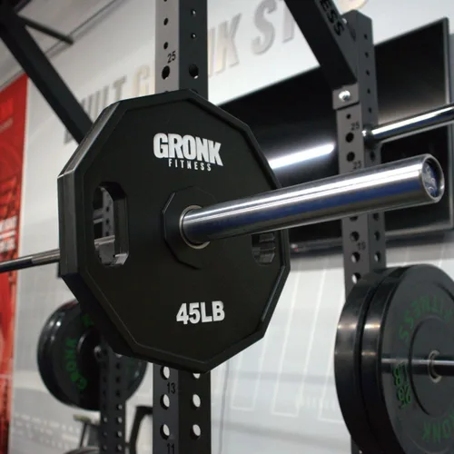 Vista 6 de Gronk Fitness Placas de pesas olímpicas de uretano de 10 lados Pesas duraderas para gimnasios domésticos y comerciales Diseño no rodante