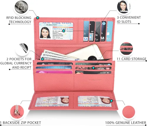 Vista 7 de Carteras de piel con bloqueo RFID, para cheques, con 11 ranuras para tarjetas, para mujer, cartera Rfid