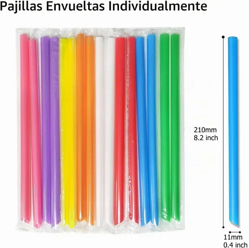 Vista 2 de 100 popotes para batidos envueltos individualmente, jumbo, grandes, de plástico, desechables, para té de burbujas, batidos coloridos