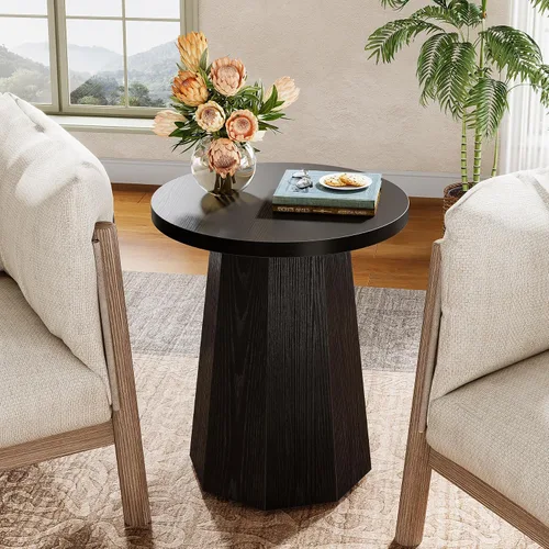 Vista 3 de Tribesigns Mesa Auxiliar Redonda de Estilo Rústico, Mesa Lateral de Madera para Sofá con Base Octagonal, Mesita de Noche Negra con Pedestal, Mueble