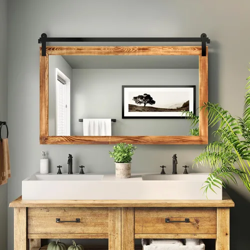 Vista 12 de COGOOD Espejo de puerta de granero de granja, 25 x 18 pulgadas, espejo decrativo con marco de madera rústica para baño, sala de estar, decoración