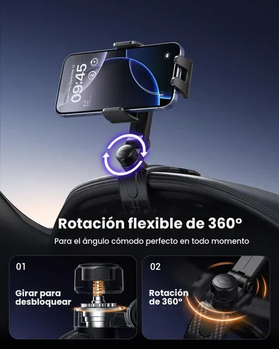 Vista 3 de Soporte de teléfono para tablero de instrumentos con clip anticaída, rotación de 360°, soporte multifuncional para teléfono celular para iPhone