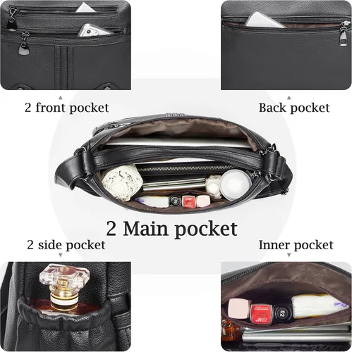 Vista 4 de Bolso bandolera de piel sintética suave para mujer, bolso cruzado con múltiples bolsillos, bolso cruzado mediano espacioso a la moda con asa superior
