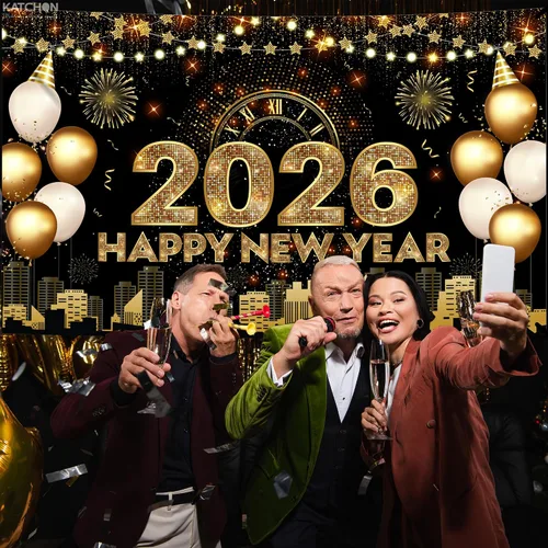 Vista 4 de Katchon, Xtralarge - Cartel de feliz año nuevo – 72 x 44 pulgadas Cartel dorado de feliz año nuevo 2026 para decoraciones de Año Nuevo 2026