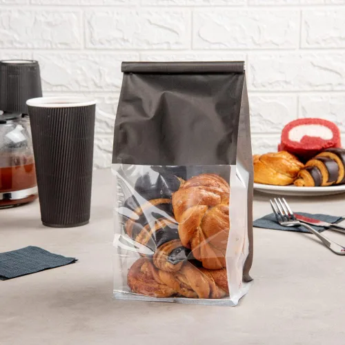 Vista 3 de Restaurantware Bag Tek - Bolsas de lazo de lata de 5.1 x 4.1 x 11.2 pulgadas con ventanas, 100 bolsas resellables con ventanas, parte inferior plana