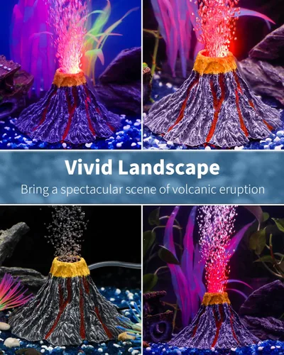 Vista 4 de Kit de adorno de volcán para acuario Uniclife Errupción volcánica con mini bomba de aire, foco LED rojo, piedra de aire burbujeador, tubo de línea