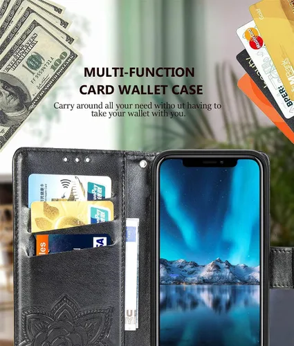 Vista 3 de Funda tipo cartera para iPhone 12 Pro/iPhone 12 para mujer, color Butterfly Emboss Flip Folio Cuero PU, soporte, ranuras para tarjetero, correa