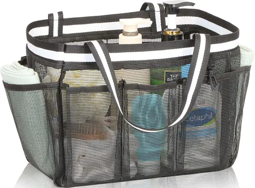 Vista 2 de XL – Organizador de ducha de malla, bolsa de ducha portátil para dormitorio universitario, camping, viaje, gimnasio (negro)