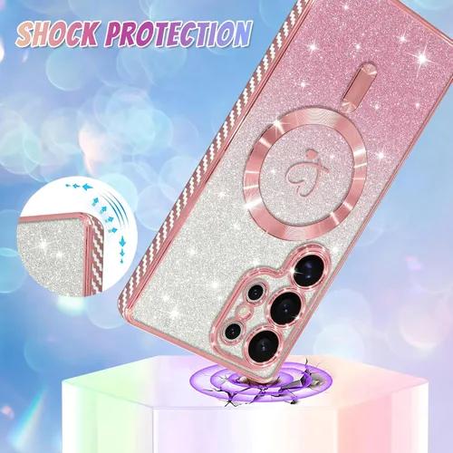 Vista 719 de Bonoma - Funda compatible con Samsung Galaxy S21 Plus, diseño de corazón con purpurina, color rosa Support for MagSafe, Plating Magnetic Case TPU