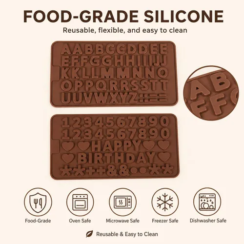 Vista 7 de Mini moldes de silicona para letras y números, paquete de 2 moldes de chocolate con letras A-Z, números del 0 a 9 y feliz cumpleaños, pequeños