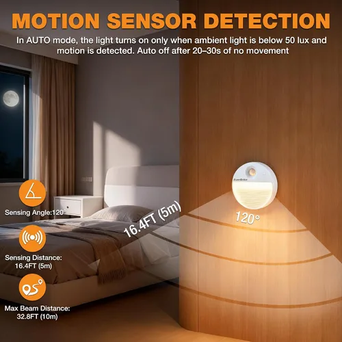 Vista 3 de EverBrite Luz Nocturna Recargable con Sensor de Movimiento LED Redonda, Luz Nocturna LED Activada por Movimiento con 3 Modos de Iluminación, Control