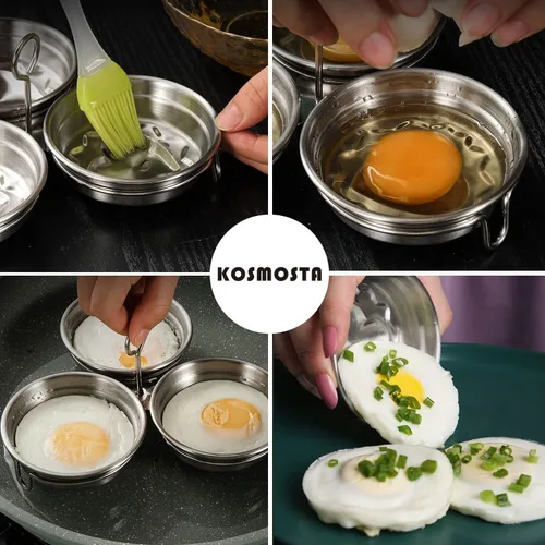 Vista 4 de Cazador de huevos de acero inoxidable, Fabricante perfecto de huevos escalfados, Anillos redondos para cocina de huevos para desayuno, 3 tazas