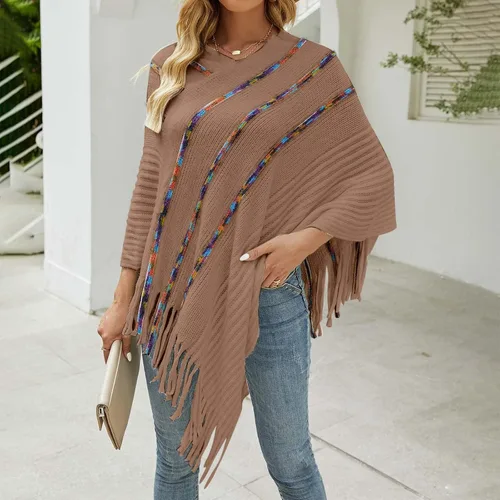 Vista 2 de Poncho de punto elegante para mujer con patrones de rayas y lados con flecos suéter de otoño para mujer